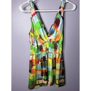 Anna Paul Silk Y2K Mini Dress Abstract Print V-Neck Smocked Waist Multicolor S